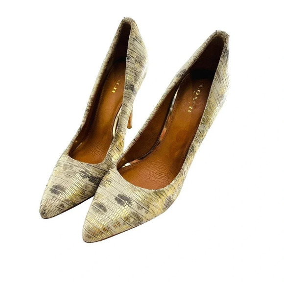 COACH Harlee Gold Snakeskin Embossed Pumps Pointed Toe Heels Shoes size 7 - Picture 1 of 16